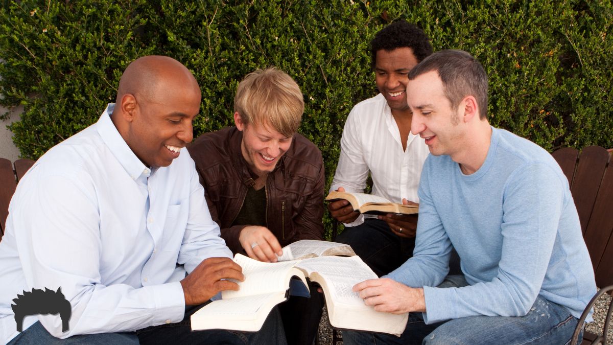 A group of Christian men engaged in Bible study.