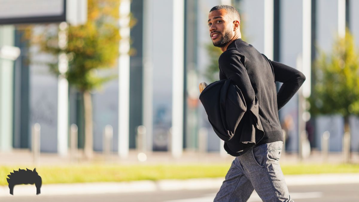 A man walking down the street in a hurry.